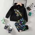 2pcs Toddler Boy Playful Dinosaur Print Hoodie Sweatshirt and Pants Set Black image 1