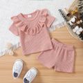 2pcs Baby Girl Solid Ribbed Ruffle Trim Short-sleeve Top & Shorts Set Pink image 2