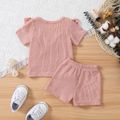 2pcs Baby Girl Solid Ribbed Ruffle Trim Short-sleeve Top & Shorts Set Pink image 3