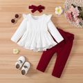 4pcs Baby Girl 95% Cotton Solid Ruffle Trim Long-sleeve Top and Pants with Belt & Headband Set Burgundy image 1