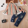 2pcs Toddler Girl Boho Ripped Denim Belted Jeans and Stripe Lace Splice Bell sleeves Blouse Set Multi-color image 1