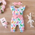 Easter 3pcs Baby Girl Allover Multicolor Rabbit Ruffle Collar Jumpsuit with Belt & Headband Set Colorful image 1