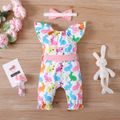 Easter 3pcs Baby Girl Allover Multicolor Rabbit Ruffle Collar Jumpsuit with Belt & Headband Set Colorful image 2