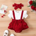 2pcs Baby Girl Ruffle Trim Bow Decor Short-sleeve Solid Spliced Romper & Headband Set Red image 1