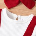 2pcs Baby Girl Ruffle Trim Bow Decor Short-sleeve Solid Spliced Romper & Headband Set Red image 3