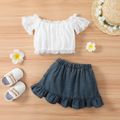 2pcs Toddler Girl Sweet Ruffle Denim Skirt and Lace Off Shoulder Tee Set White image 2