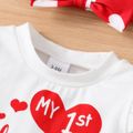 Valentine's Day 3pcs Baby Girl 95% Cotton Ruffle Long-sleeve Letter Graphic Top and Allover Heart Print Pants & Headband Set White image 5