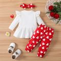 Valentine's Day 3pcs Baby Girl 95% Cotton Ruffle Long-sleeve Letter Graphic Top and Allover Heart Print Pants & Headband Set White image 2