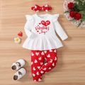 Valentine's Day 3pcs Baby Girl 95% Cotton Ruffle Long-sleeve Letter Graphic Top and Allover Heart Print Pants & Headband Set White image 3