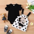 2pcs Baby Girl 95% Cotton Ruffle Trim Short-sleeve Romper and Bear Graphic Polka Dots Overall Dress Set Black image 2