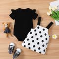 2pcs Baby Girl 95% Cotton Ruffle Trim Short-sleeve Romper and Bear Graphic Polka Dots Overall Dress Set Black image 3