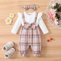 2pcs Baby Girl Plaid & Solid Ribbed Spliced Ruffle Trim Bow Front Long-sleeve Jumpsuit & Headband Set White image 3