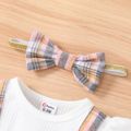 2pcs Baby Girl Plaid & Solid Ribbed Spliced Ruffle Trim Bow Front Long-sleeve Jumpsuit & Headband Set White image 4