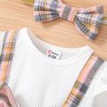 2pcs Baby Girl Plaid & Solid Ribbed Spliced Ruffle Trim Bow Front Long-sleeve Jumpsuit & Headband Set White image 5