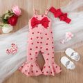 Valentine's Day 2pcs Baby Girl Allover Heart Print Bow Front Bell Bottom Ribbed Cami Jumpsuit & Headband Set Pink image 1