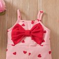 Valentine's Day 2pcs Baby Girl Allover Heart Print Bow Front Bell Bottom Ribbed Cami Jumpsuit & Headband Set Pink image 4