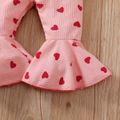 Valentine's Day 2pcs Baby Girl Allover Heart Print Bow Front Bell Bottom Ribbed Cami Jumpsuit & Headband Set Pink image 5