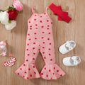 2pcs Baby Girl Allover Heart Print Bow Front Bell Bottom Ribbed Cami Jumpsuit & Headband Set Pink image 2