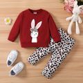 2pcs Baby Girl Rabbit Print Long-sleeve Sweatshirt and Leopard Print Pants Set Red image 1
