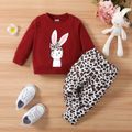 2pcs Baby Girl Rabbit Print Long-sleeve Sweatshirt and Leopard Print Pants Set Red image 2