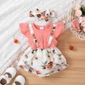 2pcs Baby Girl 95% Cotton Ribbed Flutter-sleeve Faux-two Floral Print Romper & Headband Set Pink image 1