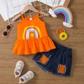 2pcs Toddler Girl Trendy Cotton Ruffled Camisole and Ripped Panel Denim Shorts Set Orange image 1