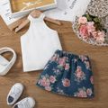 2pcs Toddler Girl Trendy Ribbed Cotton Halter Tank Top and Floral Print Skirt Set White image 2