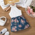 2pcs Toddler Girl Trendy Ribbed Cotton Halter Tank Top and Floral Print Skirt Set White image 1