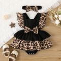2pcs Baby Girl 95% Cotton Solid & Leopard Print Layered Ruffle Trim Sleeveless Romper and Headband Set Black image 1