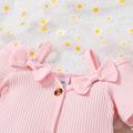 3pcs Baby Girl 95% Cotton Front Buttons Bow Decor Ribbed Short-sleeve Romper and Allover Floral Print Flared Pants & Headband Set Pink image 3