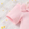 3pcs Baby Girl 95% Cotton Front Buttons Bow Decor Ribbed Short-sleeve Romper and Allover Floral Print Flared Pants & Headband Set Pink image 5