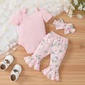 3pcs Baby Girl 95% Cotton Front Buttons Bow Decor Ribbed Short-sleeve Romper and Allover Floral Print Flared Pants & Headband Set Pink image 2