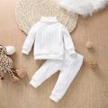 2pcs Teddy and Heart Applique Knitted Turtleneck Long-sleeve White Baby Set White image 2