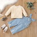 2pcs Baby Long-sleeve Cotton Knitted Sweater and Denim Overalls Set Champagne