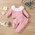2pcs Baby Solid Imitation Knitting Ruffle Long-sleeve Cotton Top and Pants Set Pink image 1