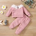 2pcs Baby Solid Imitation Knitting Ruffle Long-sleeve Cotton Top and Pants Set Pink image 3