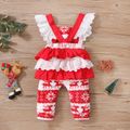 Christmas Baby All Over Reindeer Print Red Fleece Sleeveless Layered Ruffle Jumpsuit Red