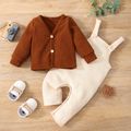 2pcs Baby Boy/Girl Solid Waffle Long-sleeve Cardigan and Overalls Set Beige
