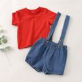 2pcs Baby Girl Solid Short-sleeve T-shirt and Denim Overalls Shorts Set Red image 1