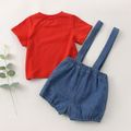 2pcs Baby Girl Solid Short-sleeve T-shirt and Denim Overalls Shorts Set Red image 5