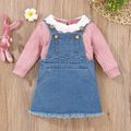 2pcs Baby Girl Imitation Knitting Long-sleeve Top and Denim Overall Dress Set Pink