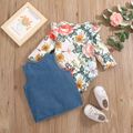 2pcs Baby Girl Floral Print Long-sleeve Romper and Denim Vest Set Light Blue image 2