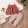 2pcs Baby Girl Hollow Out Sleeveless Spaghetti Strap Layered Top and Floral Print Pants Set Brown