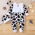 2pcs Baby Boy/Girl Letter and Cow Print Doll Collar Long-sleeve Footed Jumpsuit with Hat Set White