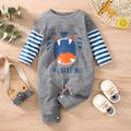Baby Boy Cartoon Animal and Letter Print Striped Long-sleeve Jumpsuit Color block
