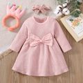 2pcs Baby Girl Solid Knitted Long-sleeve Bowknot Dress with Headband Set Pink