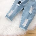 2pcs Baby Girl Imitation Knitting Long-sleeve Pullover and Ripped Jeans Set Pink