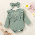 3pcs Baby Girl 95% Cotton Ribbed Long-sleeve Ruffle Bowknot Romper and Pants with Headband Set Light Green image 2