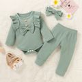 3pcs Baby Girl 95% Cotton Ribbed Long-sleeve Ruffle Bowknot Romper and Pants with Headband Set Light Green