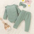 3pcs Baby Girl 95% Cotton Ribbed Long-sleeve Ruffle Bowknot Romper and Pants with Headband Set Light Green image 3
